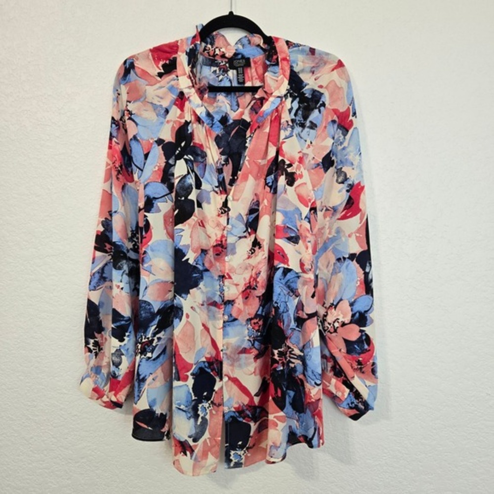 JONES NEW YORK Floral Print Button Up Lightweight Blouse Shirt Top Plus Size  3X